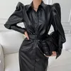 Casual Dresses Women Pu Maxi Dress 2023 Autumn Puff Sleeve Womon Kläderknappar Lady Big Girls Balck Faux Leather Soft #1024