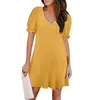 Casual Dresses Womens Puff Short Sleeve Summer V Neck T Shirt Mini Dress Fashion Acidy Color A-Line Pleat Vestido