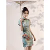 Ethnische Kleidung Retro Junge Mädchen Drucken Blume Cheongsam Moderne Qipao Elegante Frauen Mini Sexy Qi Pao Vestidos Chinesisches Stehkragenkleid