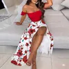 Два кусочка платья с плечами женщины с двумя частями сетка Sexy Slash Sece Top и Slit Summer Long Dold Suits Spring Floral Print Stes T230510