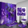 Tende da doccia Home Fiore viola Farfalla Stampa impermeabile 4 pezzi Copri moquette Tappetino da bagno Tappetino da bagno Set da bagno 230510