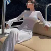 Women's Swimwear Yiiciovy Wrapped Beach Dress Bikini CoverUps Long Sleeve Round Neck See Through Sunscreen Backless Dresses 230510