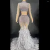 Stage Wear Shining Rhinestones Pearls Top And Long Feathers Women Dress Evening Wedding Elegant Party Clothing Prom Costumes