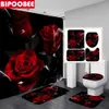 Rideaux de douche 3D Set avec crochets Rose rouge Tapis de bain Tapis de piédestal Tissu imperméable Rideau de salle de bain Tapis antidérapant Couverture de toilette 230510