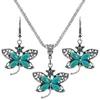 Necklace Earrings Set FYJS Unique Silver Plated Dragonfly Shape Green Turquoises Stone Pendant Dangle For Women