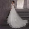 Abito da sposa Vita alta Tulle Mezze maniche O-Collo Abito da sposa premaman Elegante lunghezza del pavimento e strascico per le donne incinte