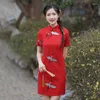 Roupas étnicas de alta qualidade moda de moda vermelha curta curta tradicional vestido chinês qipao elegante vida diária sexy usando qipao de verão.
