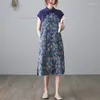 Etnische kleding 2023 dames vintage cheongsam Chinees verbeterde qipao jurk nationale bloemenprint katoen linnen elegant patchwork