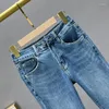 Damesjeans Rhinestone for Women 2023 Spring herfst Elastische hoge taille slanke rafelt wijd uitlopende broek magere meisjes sexy denim