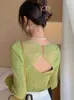 T-shirts femme ajouré mode tricots début automne haut femmes haut Design sens sous-vêtements pur avocat vert à manches longues