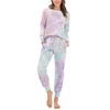 Women's Two Piece Pants Women Gradient Tie-Dye Pajamas Set Long Sleeve Pullover Tops Drawstring Pockets Joggers Lounge Sleepwear Tracksuit