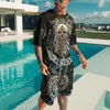 Herrspårar Summer European och American Overdized Men's Trend Casual Beach Style Texture 3D Digital Printing T-shirt Shorts Suit