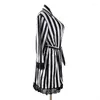 Women's Sleepwear Black And White Striped Nightgown 4 PCs Pajamas Set Sexy Lace Underwears V-neck Loose Bathrobe With Belt Lingerie For