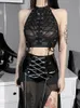 Kvinnors tankar Camis Goth Dark Mesh See Through Mall Gothic Women Crop Tops Grunge Eesthetic Black Summer Tank Top Punk Skinny Night Sexy Alt Clothes 230510