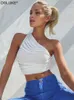 Kvinntankar Camis White Tank Top for Women Ruched One Shoulder Crop Female Elegant Summer S Holiday Beach Cami Y2K 2000s 230510