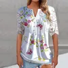 Chemisiers pour femmes Chemisier à imprimé floral Boho Shirt Épissage Manches en dentelle Col en V Bohème Hauts pour femmes et Blusa pour femmes