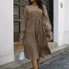 Abiti casual con scollo quadrato, maniche lunghe, vita alta, abito da sera da donna, volant a strati, maxi vestidos in raso