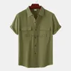 Camisas casuais masculinas Camisa de linho de algodão verde para homens 2022 Marca de verão de bolso duplo de manga curta