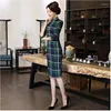 Ethnic Clothing Sheng Coco Woman Knitting Elastic Force Cotton Dress Cheongsam Plaid Vintage Lattice Knee Qipao Chinese Oriental Style