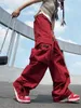 Women's Pants Capris QWEEK Harajuku Streetwear Red Cargo Pants Women Hip Hop Oversized High Street Y2K Pockets Wide Leg Black Jogger Trousers Female 230510