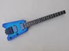 Guitarra elétrica sem cabeça azul com folha de chama de braço de rosa de pau -rosa, traneer pode ser personalizado como solicitação