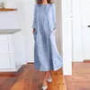 Casual Dresses Korean Fashion Woman randig tryck Lång klänning Kvinnlig Sexig ärmlös O Neck Linen Pocket Summer Sundress