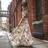 Casual Dresses Women Boho Floral Maxi Dress Crew Neck White 3/4 Sleeve Draped High Waist Party Evening Summer Beach Csual Ladies Sundress