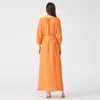 Casual klänningar Eleganta tre kvartlykta ärmar lossna med bältesilkspartyklänning Autumn Simple O-Neck Maxi Women AE1039