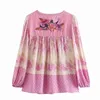 Chemisiers pour femmes volants manches lâche Boho chemises femmes rayonne coton plage bohème rose imprimé fleuri broderie Blouse chemise