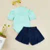 Clothing Sets Toddler Girls Summer Casual Outfits Light Green Short Puff Sleeve Romper Dark Blue Denim Shorts 3-24Months