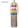 Tvådelad klänning Rainbow virkning Tassel Sexig 2-stycken Set Crop Top och kjol Beach Party Club födelsedagskläder för kvinnor D48-DF23 T230510