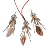 Necklace Earrings Set Bohemia Retro Women's Dream Catcher Long Tassel Sets Alloy Leaf Pendant Brown Feather Kolczyki Vintage Jewelry
