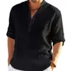 Men's Casual Shirts Men Cotton Linen T-shirts Summer V Collarless Long Sleeve Solid Sand Beachwear Office Man Tee Shirt Tops BSDFS-ZT167 Y23