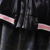 Jackets de jaqueta feminina com cetim brilhante em ambos os lados colar de bordado industrial pesado solto