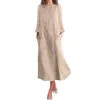 Casual Dresses Korean Fashion Woman randig tryck Lång klänning Kvinnlig Sexig ärmlös O Neck Linen Pocket Summer Sundress