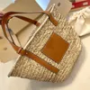 2024SS Beach Bags Women Grass Woven Vegetable Basket Fashion Out Totes Bag Adjustable Genuine Leather Shoulder Straps Imprinted Letters