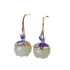 Boucles d'oreilles pendantes émail cloisonné en forme de poisson incrusté naturel Hetian jade fleur de lotus pour les femmes mode bijoux de style chinois classique