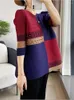 T-shirts femme Miyake plissé impression hauts Vintage mode Blouse avec perles sept manches T-shirt ample grande taille vêtements