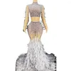 Stage Wear Shining Rhinestones Pearls Top And Long Feathers Women Dress Evening Wedding Elegant Party Clothing Prom Costumes