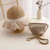 Hüte Sommer Kinder Stroh Tasche Set Baby Mädchen Bogen Strand Sonnenhut Breite Krempe Kind Prinzessin Reise Sonnenschirm Atmungsaktive Spitzenkappe