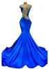 Sexy Royal Blue Sirène Robes De Bal Pour Les Femmes Plus La Taille O Cou Perlé Cristaux Satin Plis Dos Nu Drapé Occasion Spéciale Soirée Formelle Pageant Robes