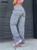 Женские штаны Capris Summer Womens Vintage Grey Cargo Bants Высокая талия с широкими джинсами. Джинсы с масштабами. Случайная мода несколько карманов мама хип -хоп -стрит стиль 230510