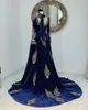 Marineblauw fluwelen Caftan avondjurken lange mouw ramen applique kaftan arabische ramadan prom -jurk met afneembare trein