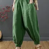 Women's Pants 100% Cotton Linen Lantern Pants for Women Summer Autumn Retro Casual Baggy Harem Pants Soft High Waist Green Bloomers 230510