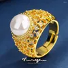 Cluster Rings Vinregem Luxury 10MM Lab Pearl Created Sapphire Gemstone 18K Gold Plated Vintage Hyperbole Ring For Women Fine Jewelry