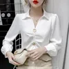 女性用ブラウスシャツVネックトップ2023スプリングランタンスリーブファッションエレガントなシックフォールドイングランドシャツラペルカジュアルP