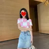 Pulls pour femmes Sexy Crop Tops Mode T-shirt court pour femmes Color Matching Plaid Knit Pull Tees Girly Sweet Slim O-cou Summer T