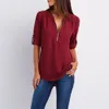 Womens Blouses Shirts Spring Vintage Plus Size Long Sleeve V Neck Zipper Ladies Tops Loose Rolled Up Chiffon Plaid Blusas Tunic 230509