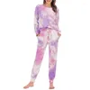 Women's Two Piece Pants Women Gradient Tie-Dye Pajamas Set Long Sleeve Pullover Tops Drawstring Pockets Joggers Lounge Sleepwear Tracksuit