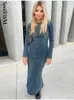 Повседневные платья Gaun Denim Biru Fashion MusiM Semi Wanita Panjang Gaya Celah Lengan Ritsleting 2023 Vestidos Maxi Kasual Keluar 230509